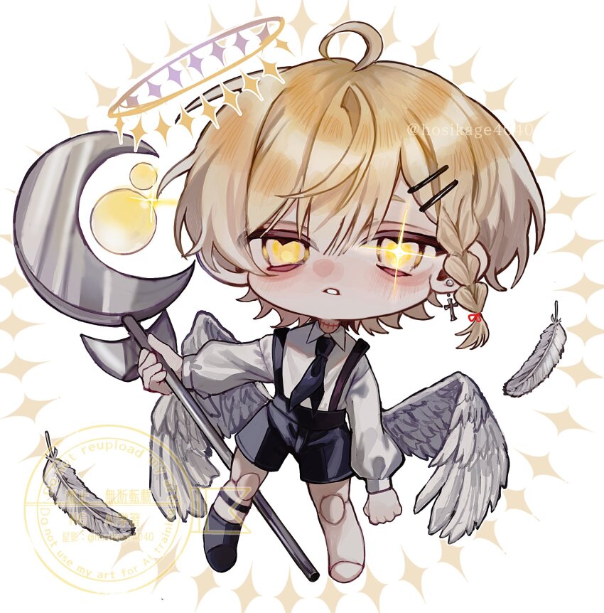 1boy aegyo_sal ahoge black_necktie blonde_hair braid chibi chibi_only clenched_hand collared_shirt commentary_request crescent double-parted_bangs empty_eyes facing_viewer falling_feathers feathers full_body halo highres holding holding_staff hosikage4040 joints long_sleeves looking_at_viewer male_focus necktie original parted_lips robot_joints shirt shoes short_hair shorts single_shoe solo staff suspender_shorts suspenders white_shirt yellow_eyes
