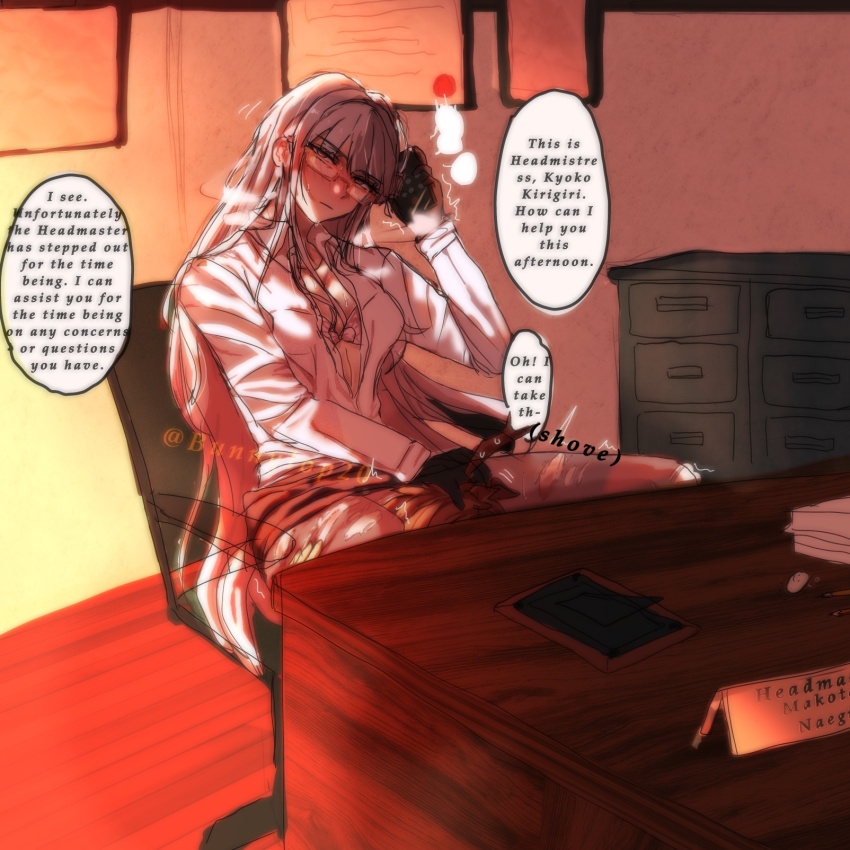 1boy 1girl black_gloves blush breasts brown_skirt commentary cunnilingus danganronpa:_trigger_happy_havoc danganronpa_(series) desk english_commentary english_text glasses gloves grey_hair hetero highres indoors kirigiri_kyoko large_breasts long_hair naegi_makoto oral sen_usagi shirt sitting skirt speech_bubble under_table white_shirt