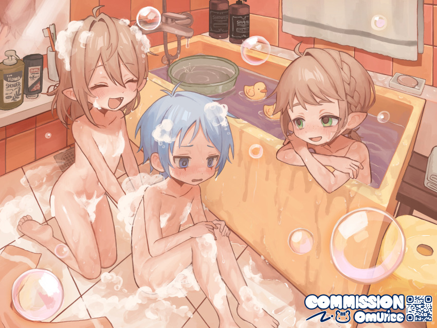 1boy 2girls :d absurdres artist_name barefoot bathing bathtub bilingual_commentary blue_eyes blue_hair braid brown_hair chinese_commentary closed_eyes collarbone commentary commission completely_nude convenient_censoring fang flat_chest green_eyes highres in_bathtub indoors knees_up kodomo_doushi loli medium_hair mixed-language_commentary mixed-sex_bathing multiple_girls nude omurice_(roza4957) open_mouth original partially_submerged pointy_ears qr_code shared_bathing short_hair shota sitting smile soap_bubbles soap_censor soles toes