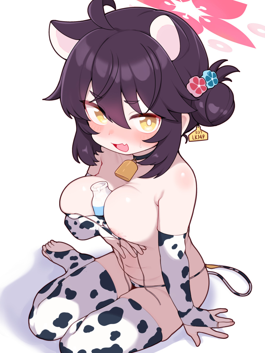 1girl absurdres animal_ears animal_print bell between_breasts bikini blue_archive blush bottle breasts bridal_gauntlets bridal_legwear cow_print cow_print_bikini cow_print_gloves cow_print_thighhighs cow_tail cowbell elbow_gloves extra_ears fake_tail fang gloves hair_bun halo highres kaede_(blue_archive) large_breasts lk149 loli looking_at_viewer milk_bottle neck_bell open_mouth oppai_loli pink_halo print_bikini print_gloves print_thighhighs purple_hair raccoon_ears short_hair single_side_bun sitting skin_fang solo swimsuit tail thighhighs toes untied_bikini_top yellow_eyes yokozuwari