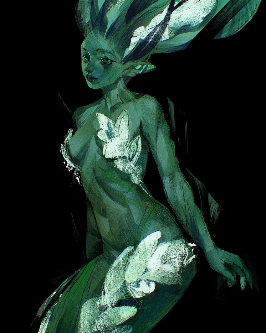 1girl absurdres black_background body_markings colored_skin commentary covered_erect_nipples english_commentary floating_hair green_eyes green_skin head_tilt highres looking_at_viewer mermaid monster_girl original painterly pointy_ears simple_background solo twisted_torso twulfs