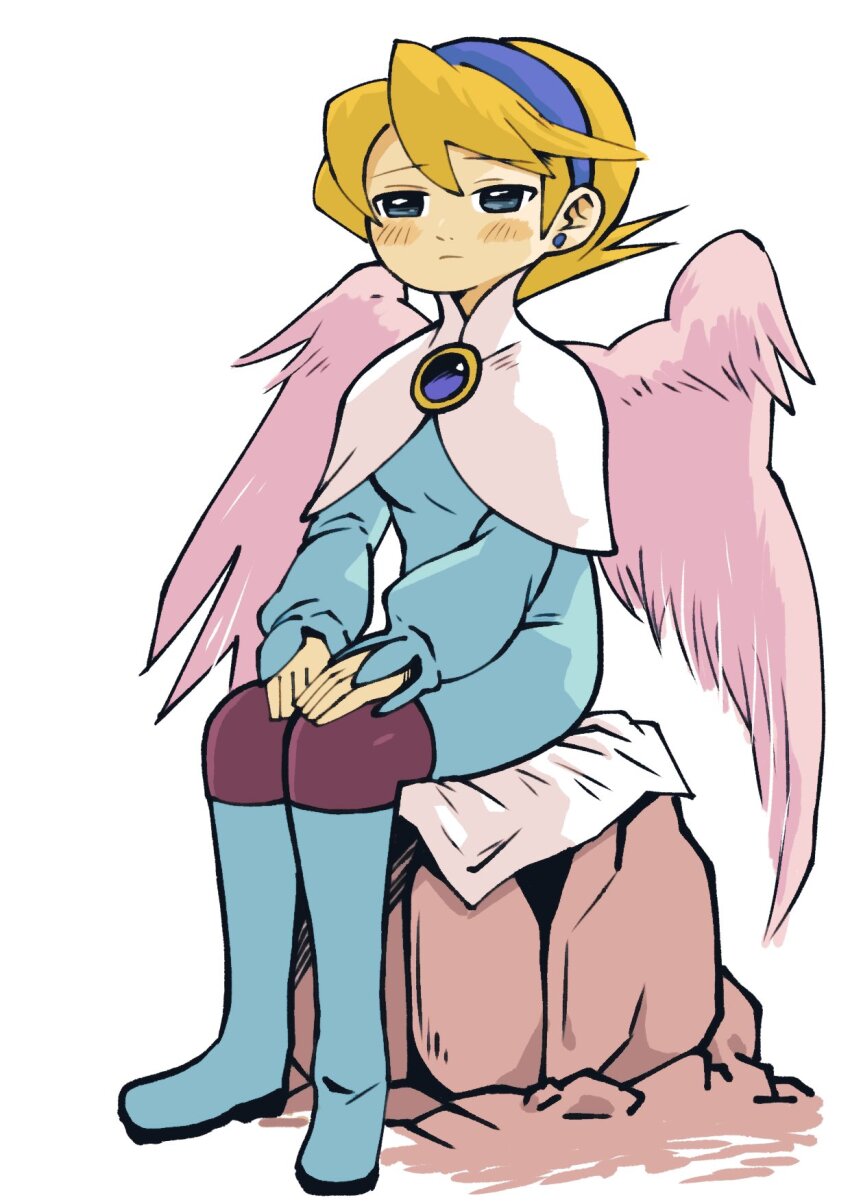 1girl angel_wings batchgooya blonde_hair blue_boots blue_eyes blush boots breath_of_fire breath_of_fire_iv closed_mouth commentary_request dress earrings feathered_wings full_body hairband highres jewelry knee_boots nina_(breath_of_fire_iv) pantyhose pink_wings short_hair simple_background sitting solo stud_earrings very_short_hair white_background wings