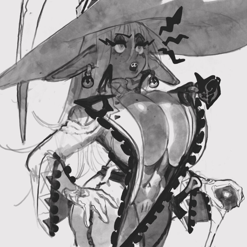 1girl annoyed braces breasts buck_teeth cane castspice_(keziedra) cleavage cowboy_shot earrings eyeshadow female_pubic_hair freckles full-length_zipper gloves greyscale half-closed_eyes hand_on_own_hip hat highres holding holding_cane huge_breasts jewelry jumpsuit keziedra large_ears long_eyelashes long_hair long_pointy_ears long_sleeves makeup mole mole_on_breast monochrome multiple_moles navel open_mouth original pointy_ears pubic_hair solo sparse_pubic_hair sphere_earrings teeth unzipped upper_teeth_only witch witch_hat zipper