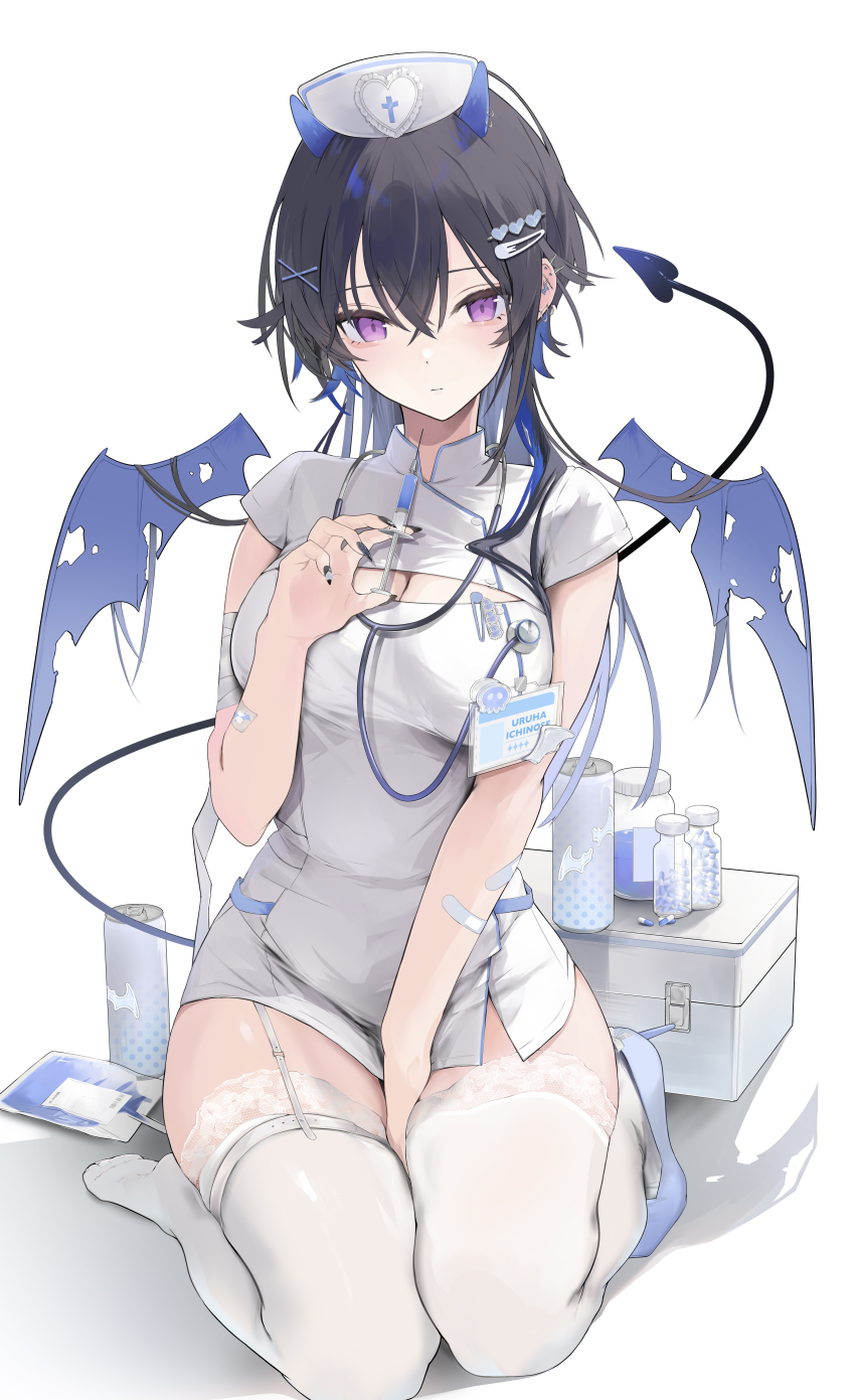 1girl absurdres arm_between_legs bandaged_arm bandages bandaid bandaid_on_arm black_hair black_nails blue_hair blue_horns blue_liquid blue_trim blue_wings bottle breasts can character_name cleavage cleavage_cutout closed_mouth clothing_cutout colored_inner_hair commentary_request crossed_bangs demon_horns demon_tail demon_wings detached_wings dress drink_can fingernails first_aid_kit full_body garter_straps gradient_hair gradient_tail hair_between_eyes hair_ornament hairclip hand_up hat heart heart_hair_ornament high_heels highres holding holding_syringe horns ichinose_uruha id_card intravenous_drip lace lace-trimmed_thighhighs lace_trim large_breasts long_fingernails long_hair looking_at_viewer medicine_bottle medicine_box momochi_tamalu multicolored_hair nail_polish nurse nurse_cap on_ground pill purple_eyes seiza shoes short_dress short_sleeves simple_background single_shoe sitting small_horns solo stethoscope syringe tail thighhighs thighs torn_wings very_long_hair virtual_youtuber vspo! white_background white_dress white_thighhighs wings x_hair_ornament