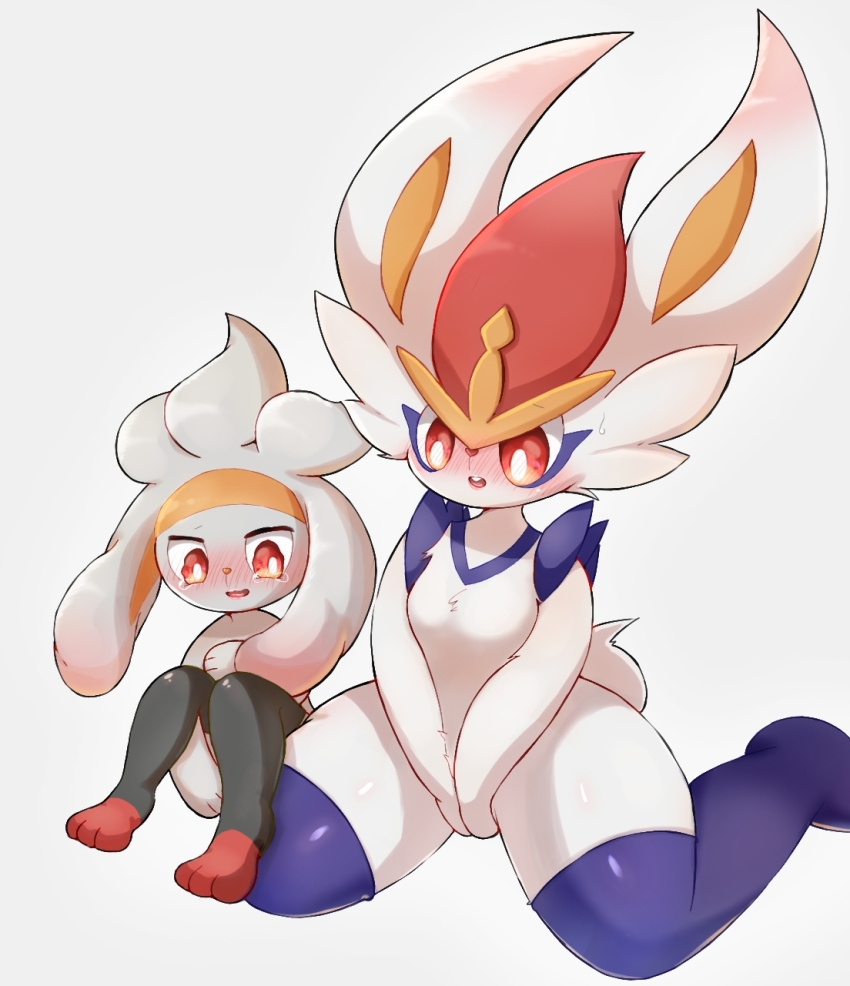 2girls animal_feet animal_hands animal_nose between_legs black_fur blue_fur blush body_fur breasts bright_pupils buck_teeth cinderace completely_nude covering_chest covering_crotch covering_privates embarrassed female_focus full_body furry gen_8_pokemon grey_background grey_fur hand_between_legs hand_on_own_chest highres kagetsu_(pixiv_59460925) knees_together_feet_apart knees_up legs loli looking_down matching_hair/eyes multicolored_fur multiple_girls nintendo nose_blush nude open_mouth own_hands_together pokemon pokemon_(creature) rabbit_ears rabbit_girl rabbit_tail raboot red_eyes red_fur red_hair short_hair simple_background sitting small_breasts sweat tears teeth thick_thighs thighs two-tone_fur v_arms wariza wavy_eyes white_fur white_pupils