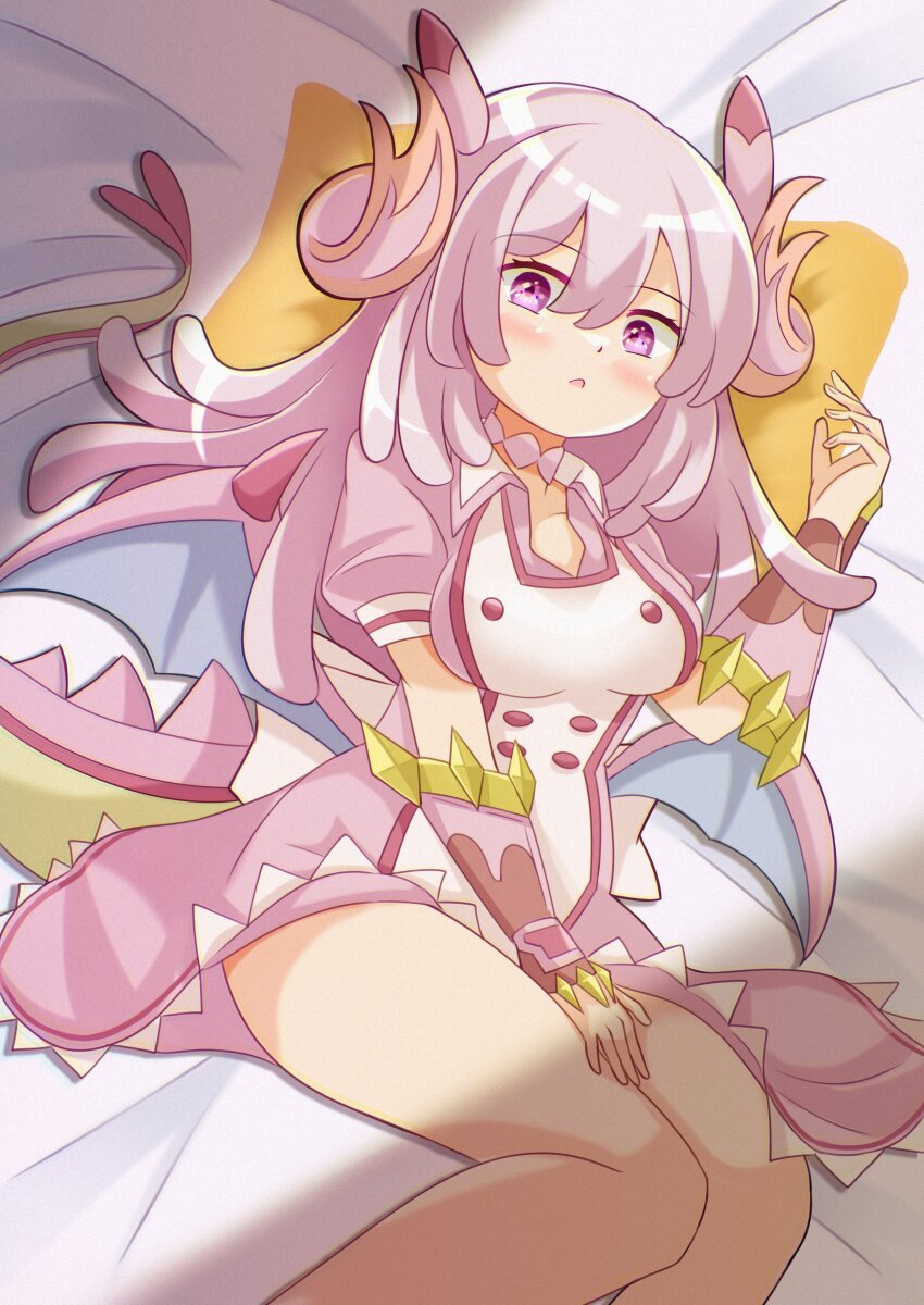 1girl absurdres blush braid breasts dragon_girl dragon_horns duel_monster hair_ornament hand_on_own_thigh highres horns large_breasts long_hair looking_at_viewer lying nurse nurse_dragonmaid official_alternate_hairstyle on_back open_mouth parted_lips pillow pink_eyes pink_hair side_braid simple_background solo thighs tomaton white_background yu-gi-oh!