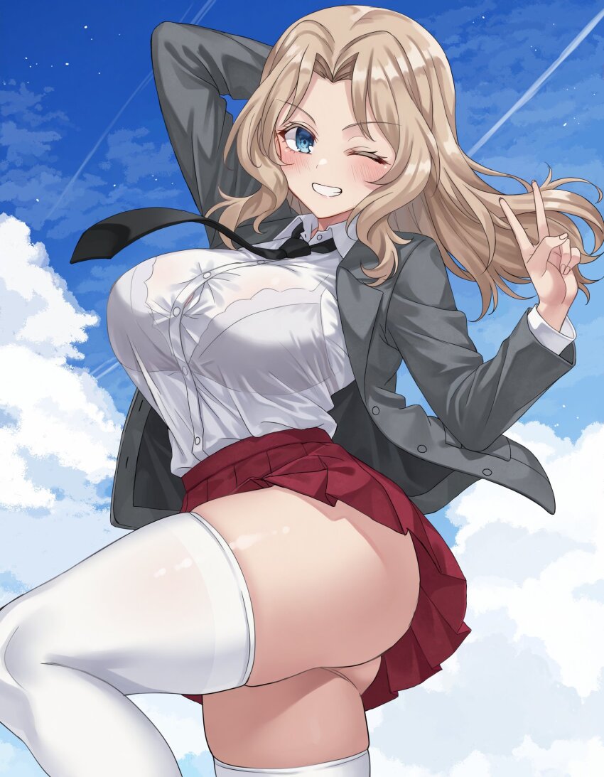 1girl aadka5 arm_behind_head arm_up ass black_necktie blonde_hair blue_eyes blue_sky bra_visible_through_clothes cloud commentary_request day girls_und_panzer grey_jacket grin highres jacket kay_(girls_und_panzer) looking_at_viewer necktie one_eye_closed outdoors pleated_skirt red_skirt saunders_school_uniform school_uniform shirt shirt_tucked_in skirt sky smile solo thighhighs thighs v white_shirt white_thighhighs