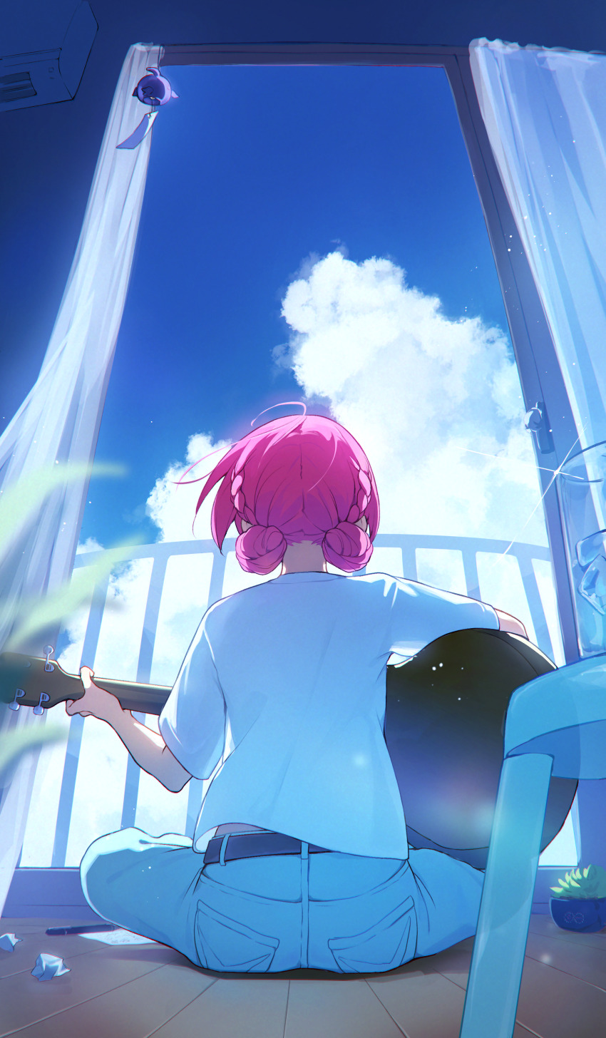 1girl absurdres air_conditioner blue_pants blue_sky braid chair cloud cloudy_sky commentary_request crumpled_paper curtains double_bun facing_away from_behind glass guitar hair_bun highres holding holding_guitar holding_instrument ice ice_cube indoors instrument kaf_(kamitsubaki_studio) kamitsubaki_studio memori_(egachachachan) music on_floor open_door pants paper pen pink_hair plant playing_instrument potted_plant railing shirt short_hair short_sleeves sitting sky solo t-shirt virtual_youtuber white_shirt