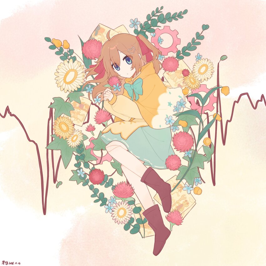 1girl absurdres adapted_costume ahoge alternate_costume aqua_bow aqua_bowtie aqua_skirt blue_eyes blue_flower boots bow bowtie brown_boots brown_hair capelet child's_drawing commentary_request daffodil doll_joints evil_neuro-sama expressionless flower flower_request full_body gears hair_between_eyes hair_ornament hair_ribbon heart heart_hair_ornament highres holding holding_flower joints knees_up leaf lingyou long_hair long_sleeves looking_at_viewer lying neuro-sama on_side pink_flower red_flower red_ribbon ribbon shirt skirt solo two_side_up vedal_ai virtual_youtuber yellow_background yellow_capelet yellow_flower yellow_shirt