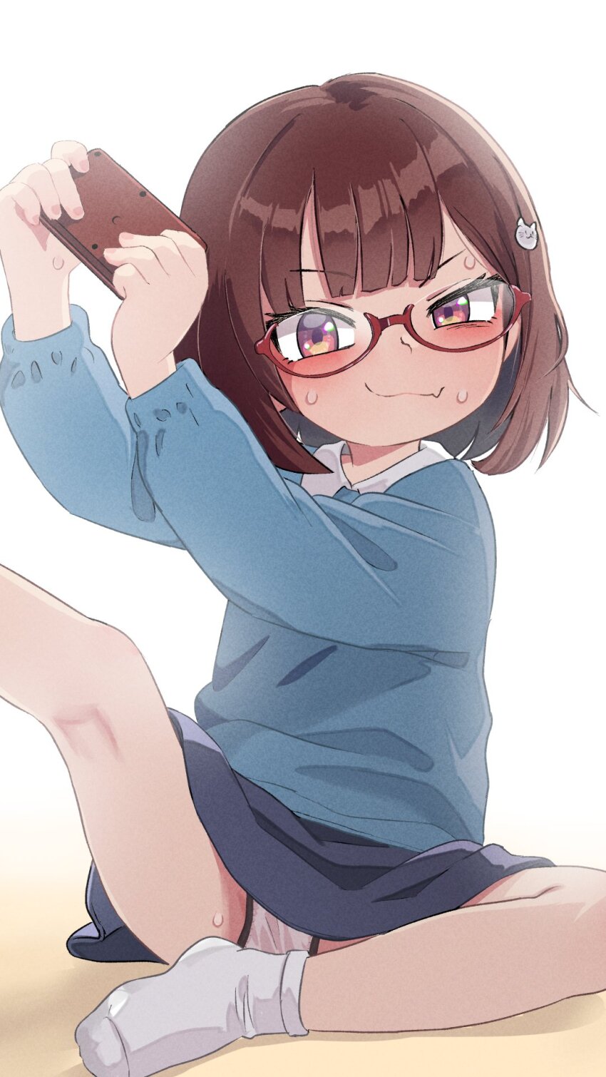 1girl :3 alexaari2019 animal_hair_ornament black_skirt blue_shirt blue_sweater blunt_bangs blush brown_hair cat_hair_ornament controller famicom_gamepad fang game_controller glasses hair_ornament holding holding_controller holding_game_controller kneepits loli long_sleeves looking_at_viewer nintendo original panties red_eyes shirt short_hair simple_background sitting skirt smile socks solo sweat sweater underwear white_background white_panties white_socks