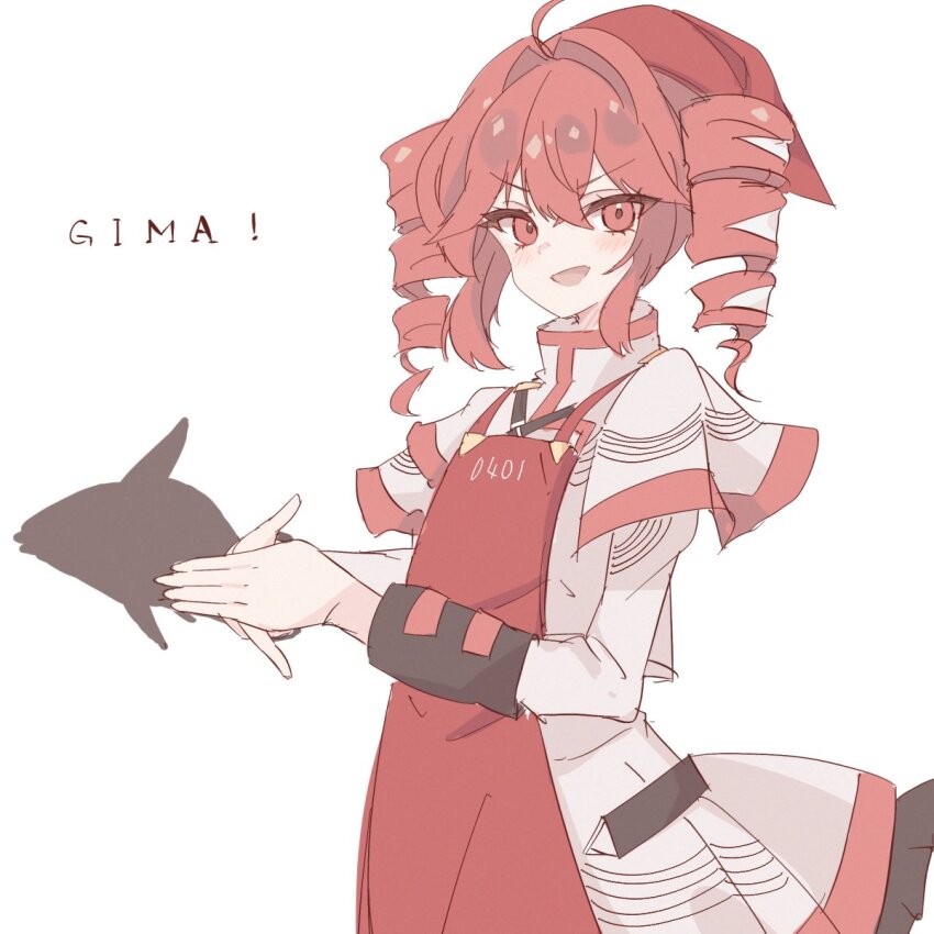 1girl :d blush drill_hair english_text from_side highres kasane_teto long_sleeves looking_at_viewer looking_to_the_side open_mouth ramie_li red_eyes red_hair shadow simple_background smile solo synthesizer_v twin_drills twintails white_background