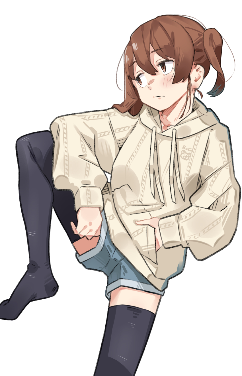 1girl absurdres alternate_hairstyle asymmetrical_hair black_thighhighs brown_eyes brown_hair commentary girls_und_panzer hand_in_pocket highres hood hoodie nishizumi_miho sattinittas short_shorts shorts sitting solo sweater thighhighs twintails white_background zettai_ryouiki