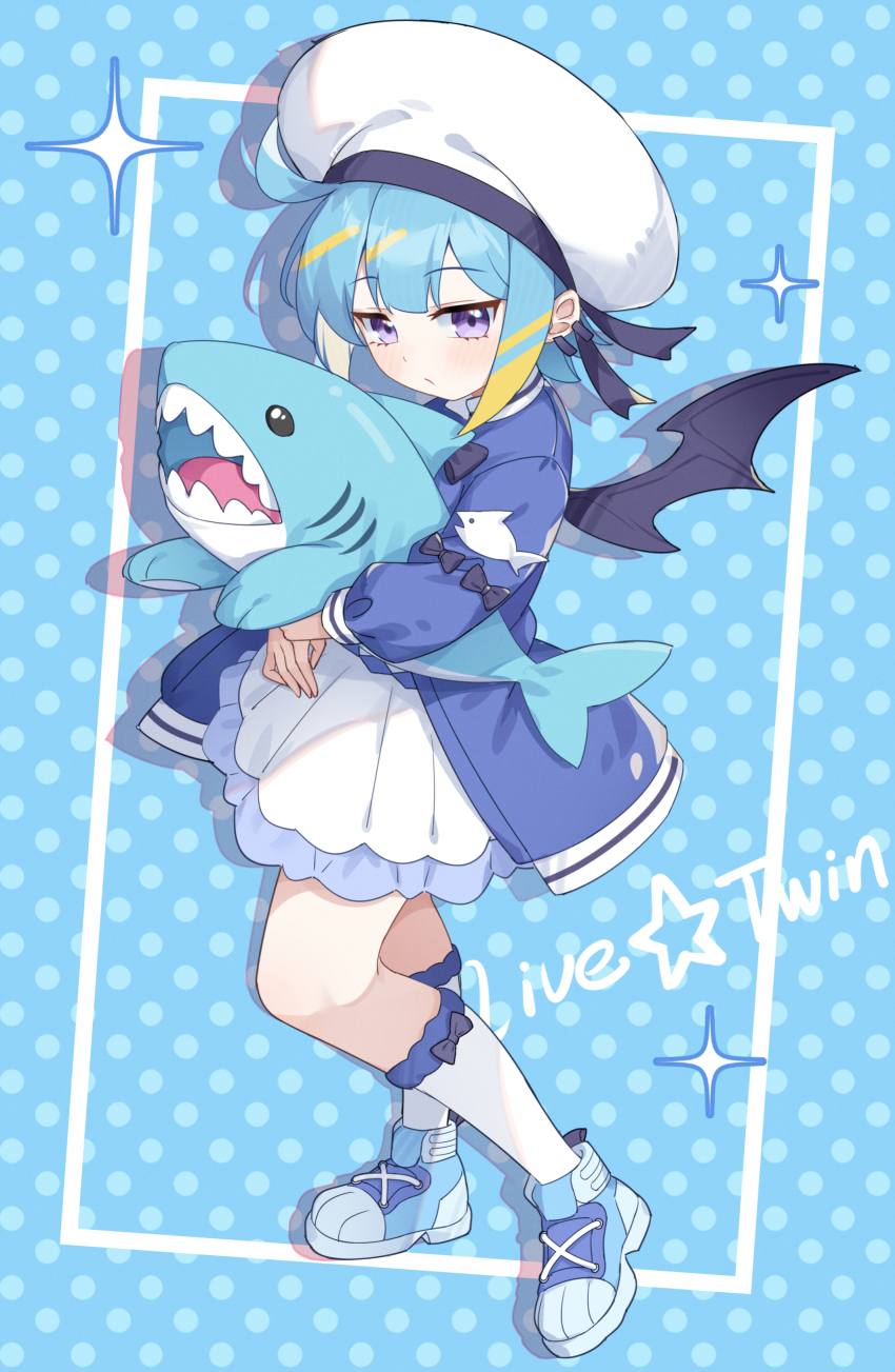 1girl absurdres ahoge blue_boots blue_eyes blue_hair blue_jacket blush boots character_name closed_mouth demon_girl demon_wings dress duel_monster earrings hat highres hug hugging_object jacket jewelry lil-la_(yu-gi-oh!) live_twin_lil-la long_sleeves melozr polka_dot polka_dot_background short_hair socks solo sparkle stuffed_animal stuffed_shark stuffed_toy white_dress white_socks wings yu-gi-oh!