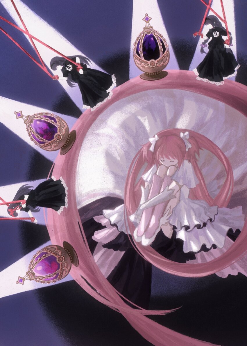 2girls absurdly_long_hair akemi_homura akemi_homura_(black_dress) black_capelet black_dress black_hair black_hairband bow braid capelet closed_eyes commentary corruption dress elbow_gloves english_commentary faceless faceless_female fetal_position frilled_dress frills full_body gem gloves gown hair_bobbles hair_bow hair_ornament hairband highres hugging_own_legs kaname_madoka kneehighs ksline0930 lace lace-trimmed_dress lace_trim long_dress long_hair low_twin_braids mahou_shoujo_madoka_magica mahou_shoujo_madoka_magica:_hangyaku_no_monogatari making-of_available multiple_girls pink_hair pink_socks pleated_dress pleated_sleeves puppet_strings purple_background purple_gemstone red_ribbon ribbon sequential shirt shirt_under_dress shoes short_sleeves size_difference socks soul_gem spotlight twin_braids two_side_up ultimate_madoka very_long_hair white_bow white_dress white_gloves white_shirt white_shoes winged_shoes wings