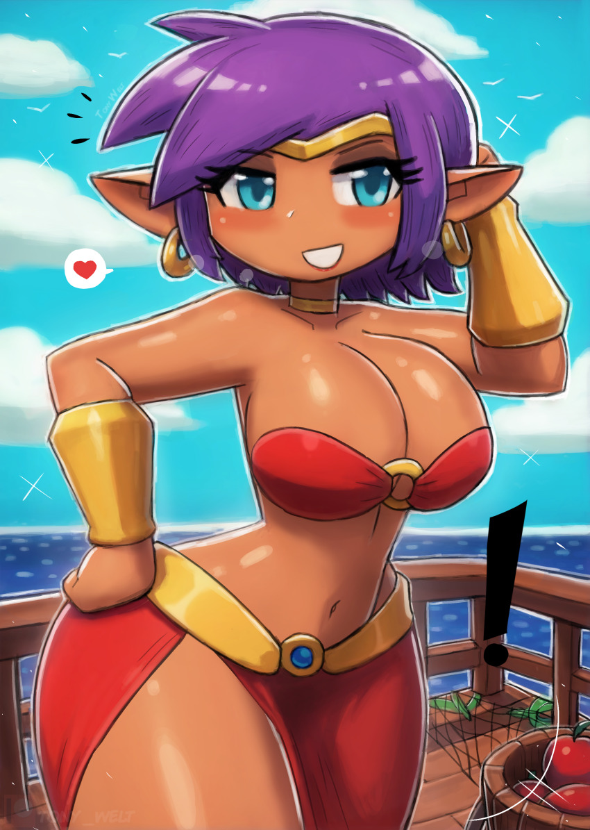 ! 1girl animal apple bird blue_eyes blush boat bracer breasts bucket choker cleavage cloud collarbone dark-skinned_female dark_skin earrings food fruit grin hand_on_own_hip heart hoop_earrings jewelry large_breasts looking_at_viewer midriff navel net o-ring o-ring_top ocean pointy_ears purple_hair red_shirt red_skirt seagull shantae shantae_(series) shirt short_hair side_slit skirt sky smile sparkle speech_bubble spoken_heart standing strapless teeth thick_thighs thighs tiara tony_welt tube_top water watercraft wayforward wide_hips wooden_bucket
