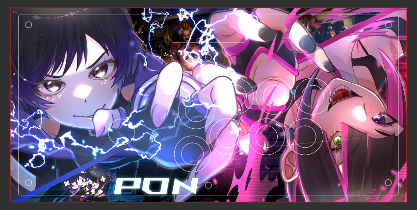 2girls absurdres black_hair black_nails commentary_request crossover electricity eyelashes fingerless_gloves glint gloves green_eyes han_juri heterochromia highres kotomine_hisui looking_at_viewer multiple_girls parted_lips purple_eyes reina_(tekken) short_hair street_fighter street_fighter_6 tekken tekken_8