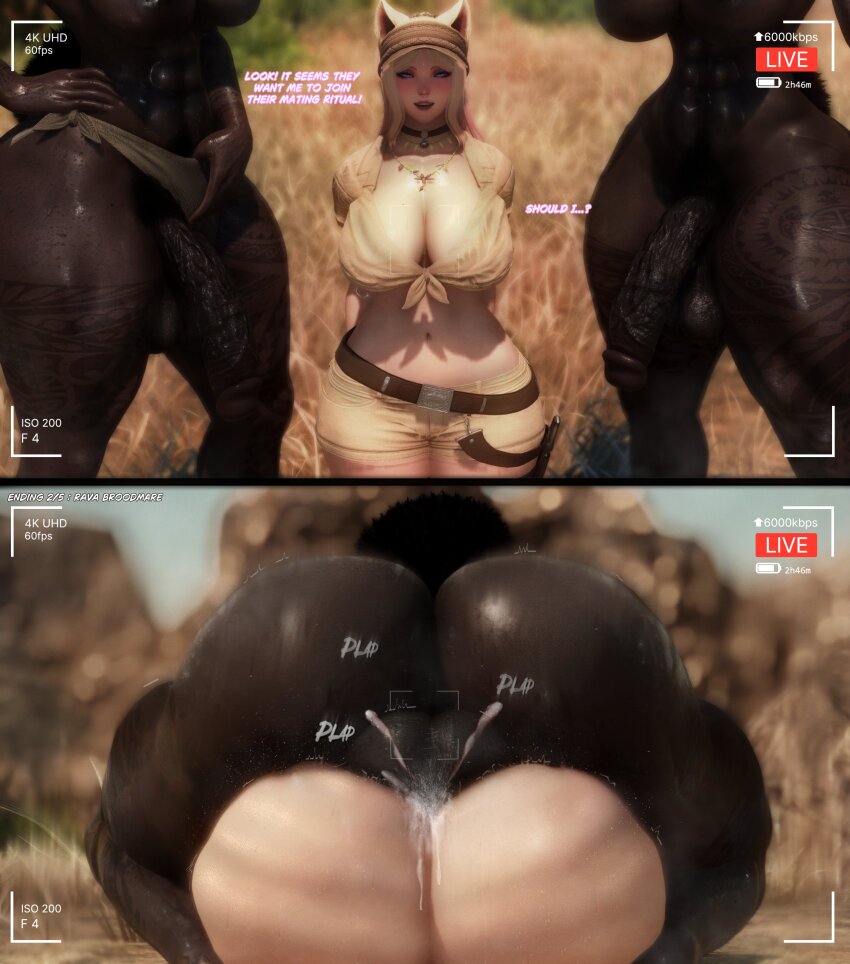 3d 3girls absurdres blonde_hair blush cheating_(relationship) colored_skin cum english_text final_fantasy final_fantasy_xiv freyjaxiv futa_with_female futanari highres looking_at_viewer mating_press multiple_girls netorare recording tattoo viera viewfinder