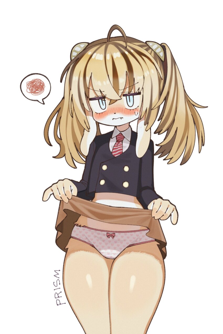 1girl ahoge animal_ears batrobin_k black_jacket blonde_hair blue_eyes blush body_fur bow bow_panties brown_hair brown_skirt closed_mouth clothes_lift collared_shirt embarrassed furry furry_female hair_between_eyes highres jacket lifting_own_clothes loli long_hair long_sleeves looking_at_viewer necktie original panties polka_dot polka_dot_panties red_necktie school_uniform shirt simple_background skirt skirt_lift solo spoken_squiggle squiggle sweatdrop thighs twintails underwear white_background white_shirt