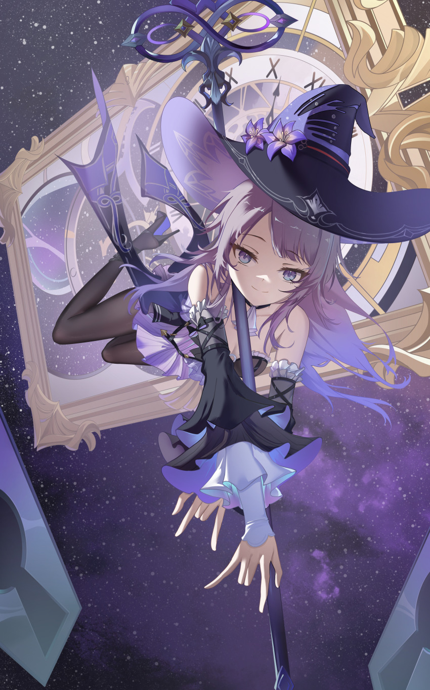 1girl \m/ absurdres ascot bare_shoulders black_dress black_hat black_pantyhose black_shoes blunt_bangs breasts chinese_commentary cleavage clock closed_mouth collarbone commentary_request detached_sleeves dress eyelashes floating_hair flower frilled_dress frilled_sleeves frills full_body hair_over_shoulder hat hat_flower herta_(honkai:_star_rail) high_heels highres honkai:_star_rail honkai_(series) liangfangliangfangliang long_hair long_sleeves looking_at_viewer medium_breasts nail_polish outstretched_arms pantyhose purple_eyes purple_flower purple_hair shoes short_dress sidelighting sidelocks smile solo split_mouth strapless strapless_dress the_herta_(honkai:_star_rail) white_ascot wide_sleeves witch witch_hat