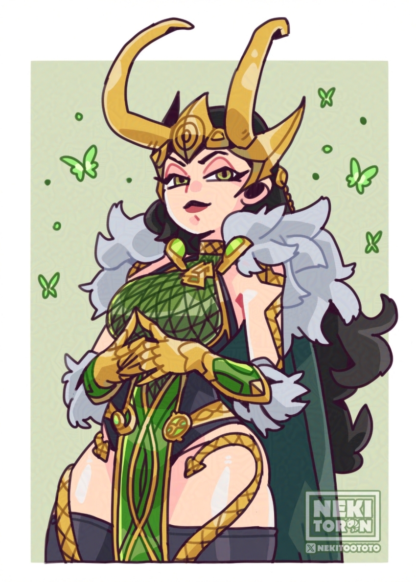 1girl animification armor black_hair black_lips breasts cape cleavage commentary english_commentary fake_horns fur-trimmed_cape fur_trim gloves gold_gauntlets gold_gloves gold_headwear gold_helmet green_armor green_cape highres horned_headwear horned_tiara horns lady_loki large_breasts loki_(marvel) long_hair looking_at_viewer marvel marvel_rivals nekitoron official_alternate_design scale_armor solo superhero_costume thighhighs thor_(marvel)_(series) tiara