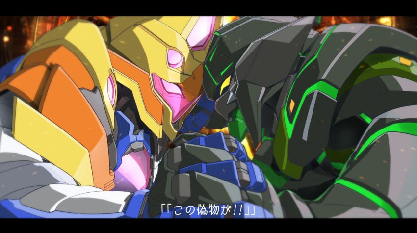 armor clash commentary_request duel embers eye_contact glowing glowing_eyes hanabatake_chaika hanabatake_chaika_(5th_costume) heads_together helesta_armor holding_hands interlocked_fingers letterboxed looking_at_another mecha nijisanji power_armor robot subtitled symmetry tatuya3363 translation_request virtual_youtuber