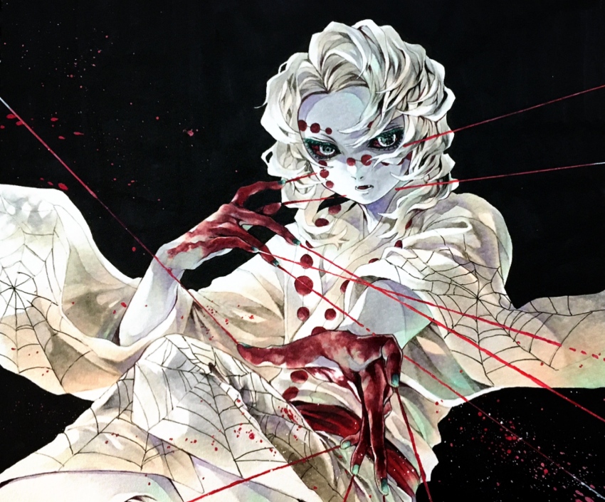 1boy bishounen black_background black_sclera blood blood_on_clothes blood_on_hands blood_splatter bloody_weapon circle colored_sclera commentary cowboy_shot demon_boy dynamic_pose facial_mark fangs flipped_hair floating_clothes floating_kimono green_nails highres incoming_attack inward_flipped_hair japanese_clothes jumping kimetsu_no_yaiba kimono knee_up looking_at_viewer male_focus marker_(medium) medium_hair open_mouth outstretched_arm pale_skin print_kimono red_sash ruchi_(nxje5533) rui_(kimetsu_no_yaiba) sash solo spider_web_print string symbol-shaped_pupils teeth traditional_media weapon white_hair white_kimono wire_manipulation