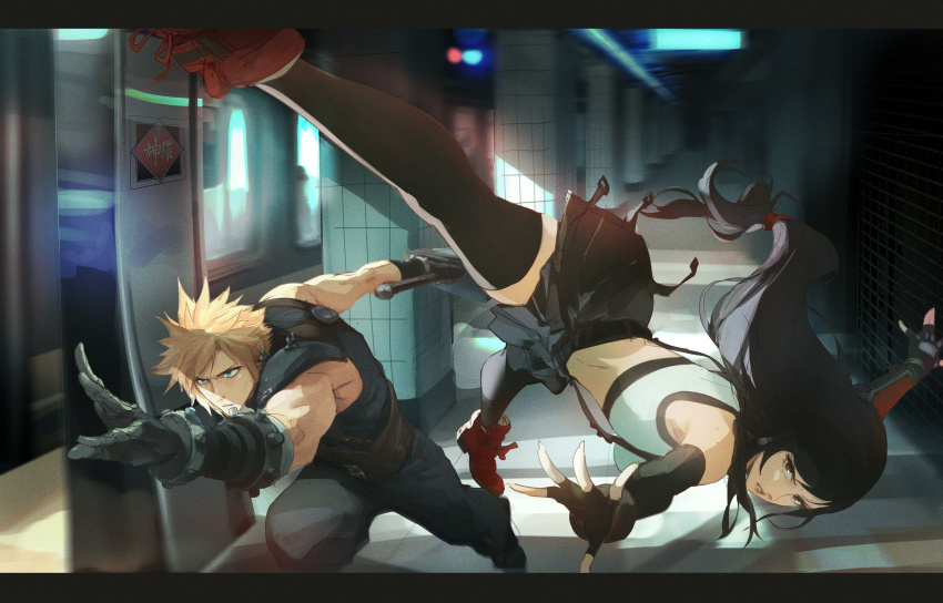 1boy 1girl absurdres bare_shoulders black_gloves black_hair black_skirt black_thighhighs blonde_hair blue_eyes blurry blurry_background boots breasts buster_sword cloud_strife crop_top fighting_stance final_fantasy final_fantasy_vii final_fantasy_vii_remake fingerless_gloves floating_hair gloves highres holding holding_sword holding_weapon jumping kicking large_breasts long_hair low-tied_long_hair miniskirt outstretched_arms red_boots red_eyes running skirt sleeveless sleeveless_turtleneck spiked_hair spykeee suspender_skirt suspenders sweater sword tank_top thighhighs tifa_lockhart turtleneck turtleneck_sweater weapon white_tank_top