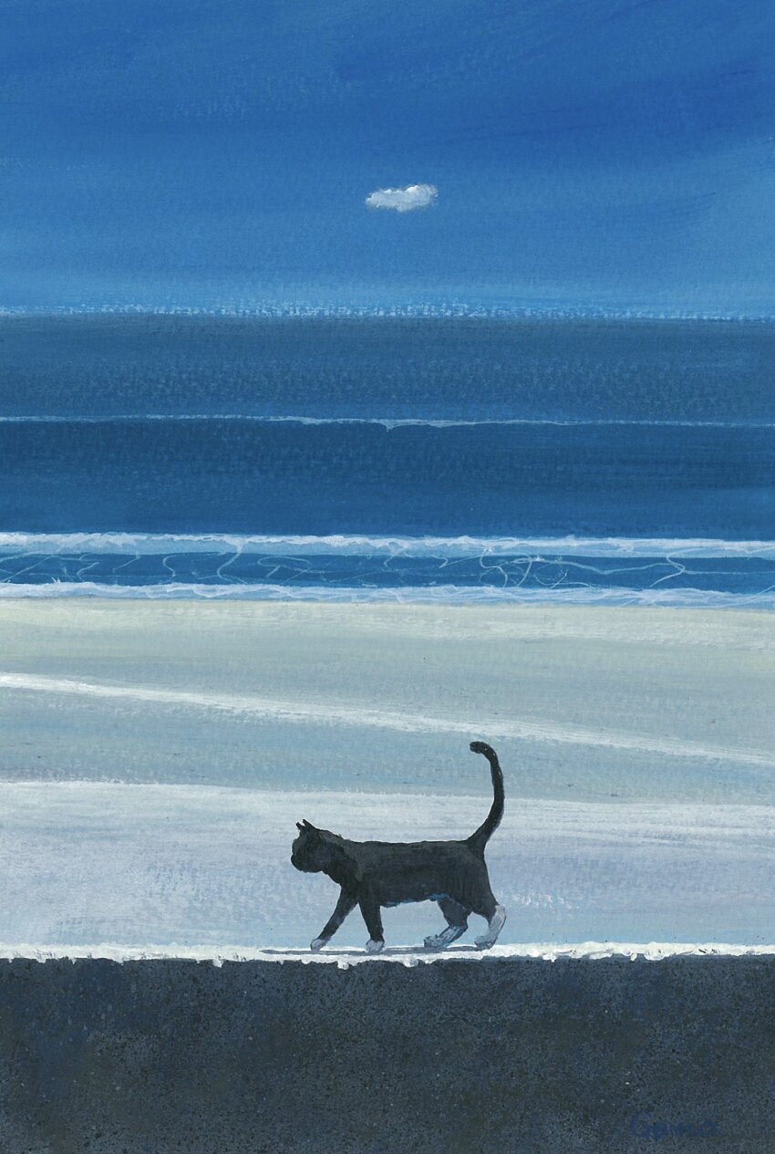 animal animal_focus beach black_cat cat cloud commentary_request goma_ramen_(gomaramen888) highres horizon night no_humans ocean original outdoors sand