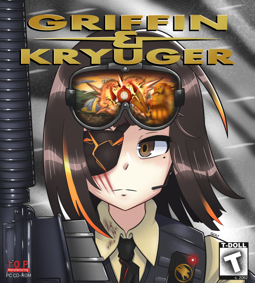 1girl absurdres assault_rifle black_hair brown_eyes command_&amp;_conquer commission eyepatch girls&#039;_frontline goggles goggles_on_head gun highres m16 m16a1_(girls&#039;_frontline) m16a2 magazine_(weapon) mole mole_under_eye multicolored_hair orange_hair parody rifle serjatronic solo streaked_hair upper_body weapon