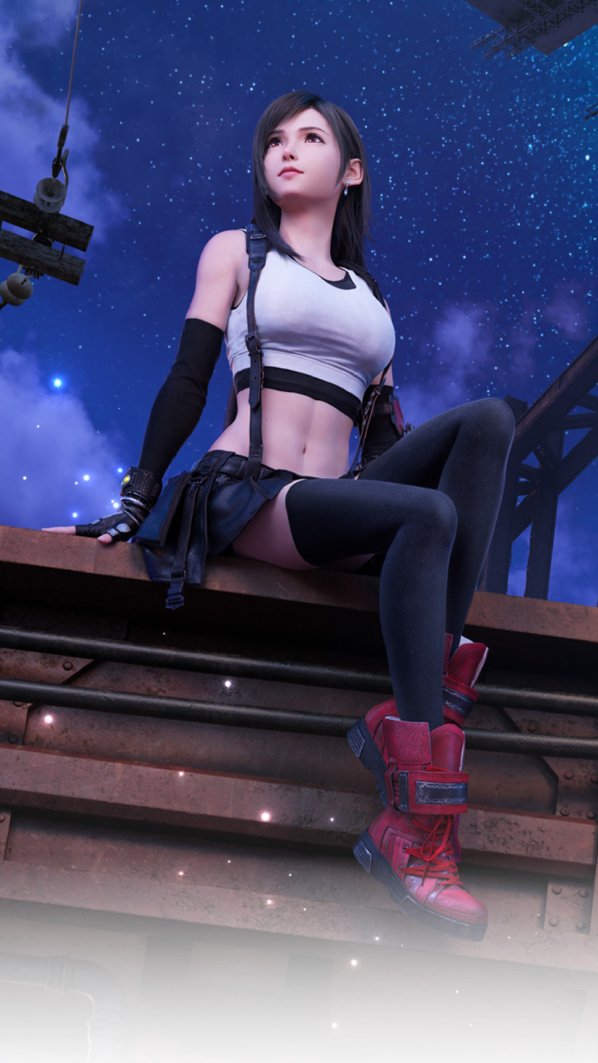 1girl 3d arm_support bare_shoulders black_gloves black_hair black_skirt black_sports_bra black_thighhighs boots bracelet breasts closed_mouth cloud cloudy_sky crop_top earrings elbow_gloves final_fantasy final_fantasy_vii final_fantasy_vii_rebirth final_fantasy_vii_remake fingerless_gloves full_body gloves jewelry knee_up large_breasts light_particles lips long_hair looking_up materia midriff miniskirt navel night official_art official_wallpaper outdoors pink_lips red_boots red_eyes single_earring single_sidelock sitting skirt sky solo sports_bra square_enix star_(sky) starry_sky steel_beam suspender_skirt suspenders swept_bangs tank_top teardrop_earrings thighhighs tifa_lockhart utility_pole white_tank_top