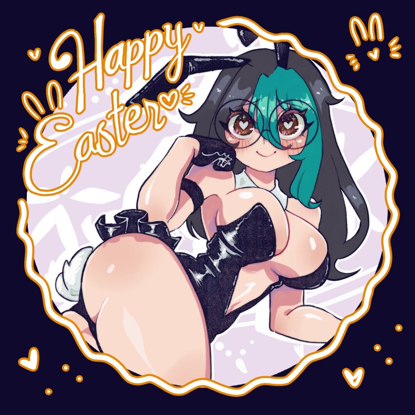 1girl ahoge akane_k0 akane_ko animal_ears ass black_hair black_leotard breasts cleavage commentary detached_collar easter english_commentary fake_animal_ears fake_tail glasses green_hair happy_easter heart heart-shaped_pupils heart_in_eye highres large_breasts leotard long_hair lying multicolored_hair navel on_side original playboy_bunny rabbit_ears rabbit_tail round_eyewear shiny_skin smile solo spanish_commentary strapless strapless_leotard symbol-shaped_pupils symbol_in_eye tail two-tone_hair