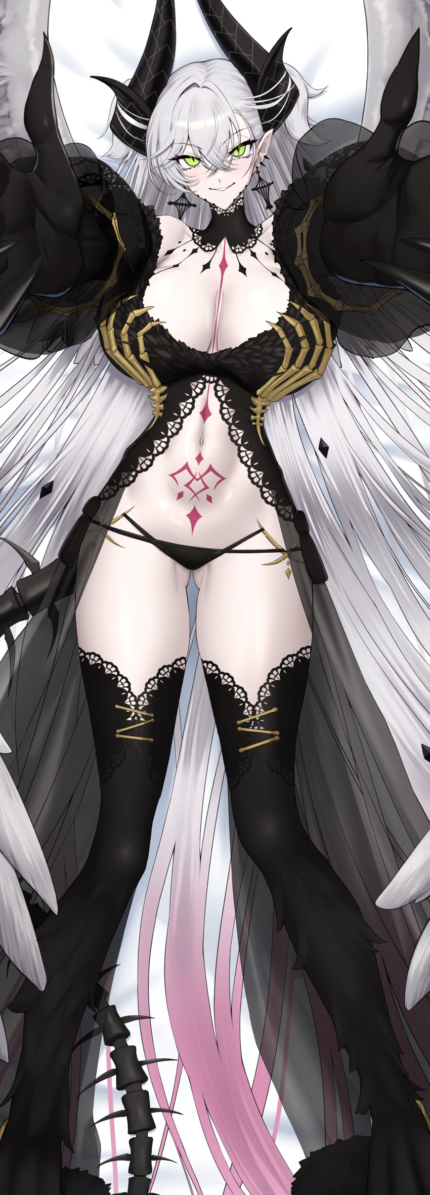 1girl absurdres babydoll bare_shoulders black_babydoll black_hands black_panties black_thighhighs body_markings breasts cleavage colored_extremities commentary_request crossed_bangs demon_girl demon_horns detached_collar earrings fate/grand_order fate_(series) feathered_wings fur_trim green_eyes grey_hair grin hair_between_eyes highres horns jewelry lace_trim large_breasts lilith_(fate) lilith_(third_ascension)_(fate) long_hair long_sleeves looking_at_viewer lying navel on_back outstretched_arms panties pointy_ears puffy_long_sleeves puffy_sleeves revision shiroshisu skeletal_tail smile solo stomach_tattoo tail tattoo thighhighs thighs underwear very_long_hair wings