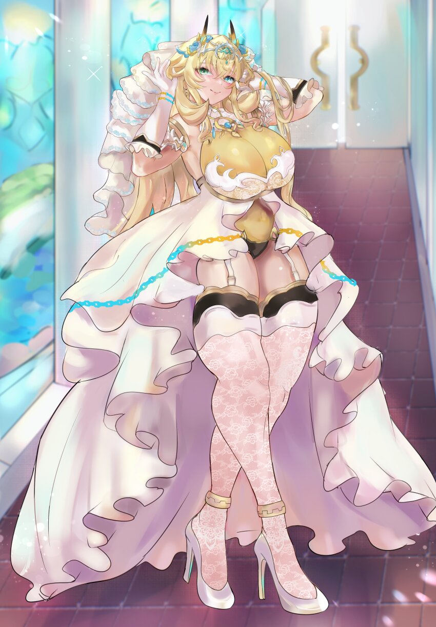 1girl absurdres anklet armlet bare_shoulders barghest_(fate) blonde_hair blush bracelet breasts brooch chain commentary_request dress elbow_gloves fate/grand_order fate_(series) full_body garter_straps gloves green_eyes high_heels highres horns jewelry klash large_breasts leotard long_hair looking_at_viewer revision solo thick_thighs thighhighs thighs tiara white_dress white_gloves white_thighhighs yellow_leotard