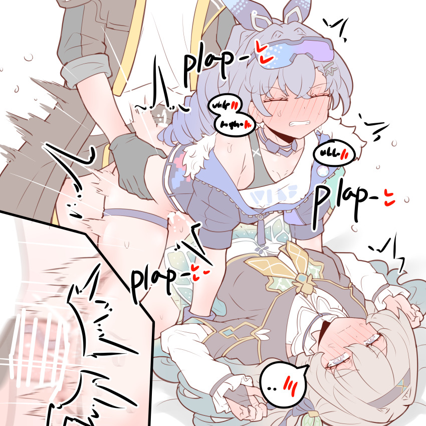 3girls absurdres bar_censor black_capelet black_coat black_gloves black_jacket blush capelet censored clenched_teeth closed_eyes coat commentary drooling english_commentary firefly_(honkai:_star_rail) futa_with_female futanari gloves goggles goggles_on_head gradient-tinted_eyewear gradient_hair green_hair grey_eyes grey_hair group_sex highres honkai:_star_rail honkai_(series) jacket motion_blur multicolored_hair multiple_girls neckerchief open_clothes open_coat open_mouth paid_reward_available physisyoon pointless_censoring sandwiched sex shirt silver_wolf_(honkai:_star_rail) single_strap spoken_blush stelle_(honkai:_star_rail) teeth thigh_strap threesome tinted_eyewear trailblazer_(honkai:_star_rail) vaginal variant_set white_shirt yellow_neckerchief