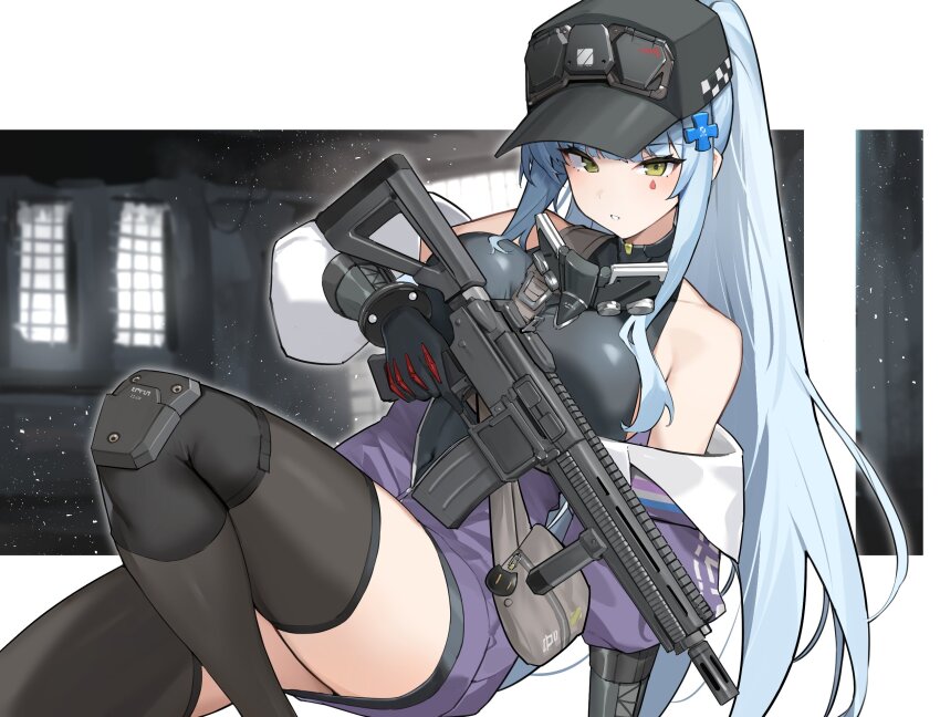 1girl assault_rifle baseball_cap blue_hair commentary_request flashbang girls&#039;_frontline girls&#039;_frontline_2:_exilium green_eyes gun h&amp;k_hk416 hat highres hk416_(girls&#039;_frontline) jacket klukai_(girls&#039;_frontline_2) leggings long_hair looking_at_viewer magazine_(weapon) purple_jacket rifle ryou_(ponpgo) simple_background tattoo teardrop teardrop_facial_mark teardrop_tattoo weapon