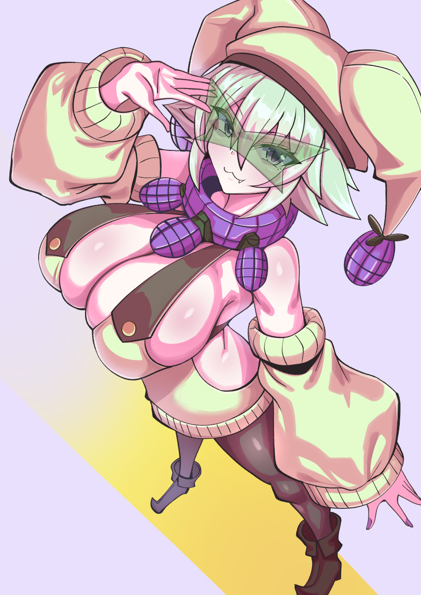 1girl :3 absurdres arm_warmers breasts cleavage commentary_request detached_sleeves fang green_hair hat highres large_breasts meowscarada nintendo pantyhose personification pokemon purple_eyes smirk solo yokomiya4538