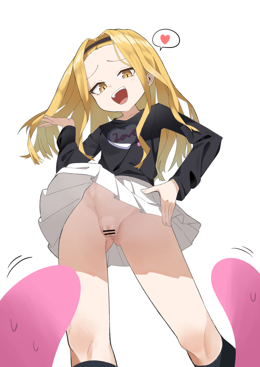 1girl absurdres anus bar_censor black_hairband black_shirt black_socks blonde_hair censored cleft_of_venus clothes_lift contrapposto from_below hair_flip hairband hand_on_own_hip heart highres kirarazaka_marina kneehighs loli long_hair long_sleeves looking_at_viewer miniskirt mong91 nervous_sweating no_panties open_mouth pleated_skirt pov print_shirt pussy shirt simple_background skirt skirt_lift smile smug socks spoken_heart sweat takopii takopii_no_genzai upskirt white_background white_skirt wind wind_lift yellow_eyes