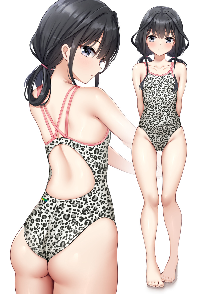 1girl adagaki_aki animal_print ass barefoot black_hair commentary_request competition_swimsuit folded_twintails from_behind full_body grey_eyes highres leopard_print looking_at_viewer low_twintails masamune-kun_no_revenge multiple_views ncontrail_(mgax7527) one-piece_swimsuit simple_background swimsuit twintails white_background