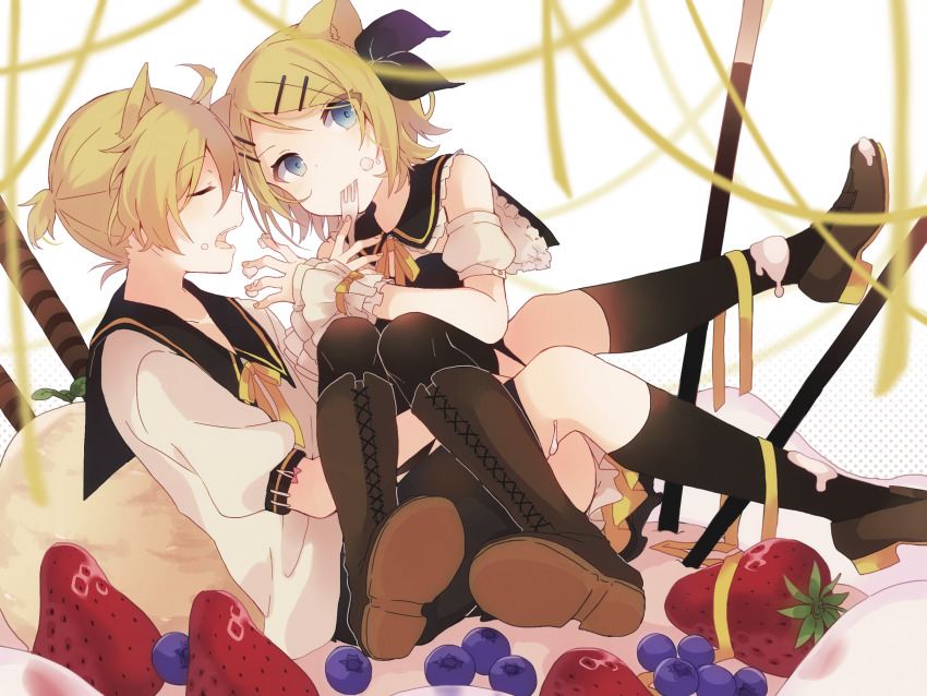 1boy 1girl ahoge animal_ears black_bow black_sailor_collar black_socks black_thighhighs blonde_hair blue_eyes blueberry boots bow brown_boots carrying cat_boy cat_ears cat_girl cinnamon_stick commentary food fork frilled_shirt_collar frills fruit giant_cake hair_bow hair_ornament hairpin highres icing kagamine_len kagamine_rin kaneko_aaru knee_boots kneehighs loafers looking_at_viewer multiple_hairpins pocky princess_carry ribbon sailor_collar shoes sitting socks strawberry thighhighs vocaloid yellow_ribbon