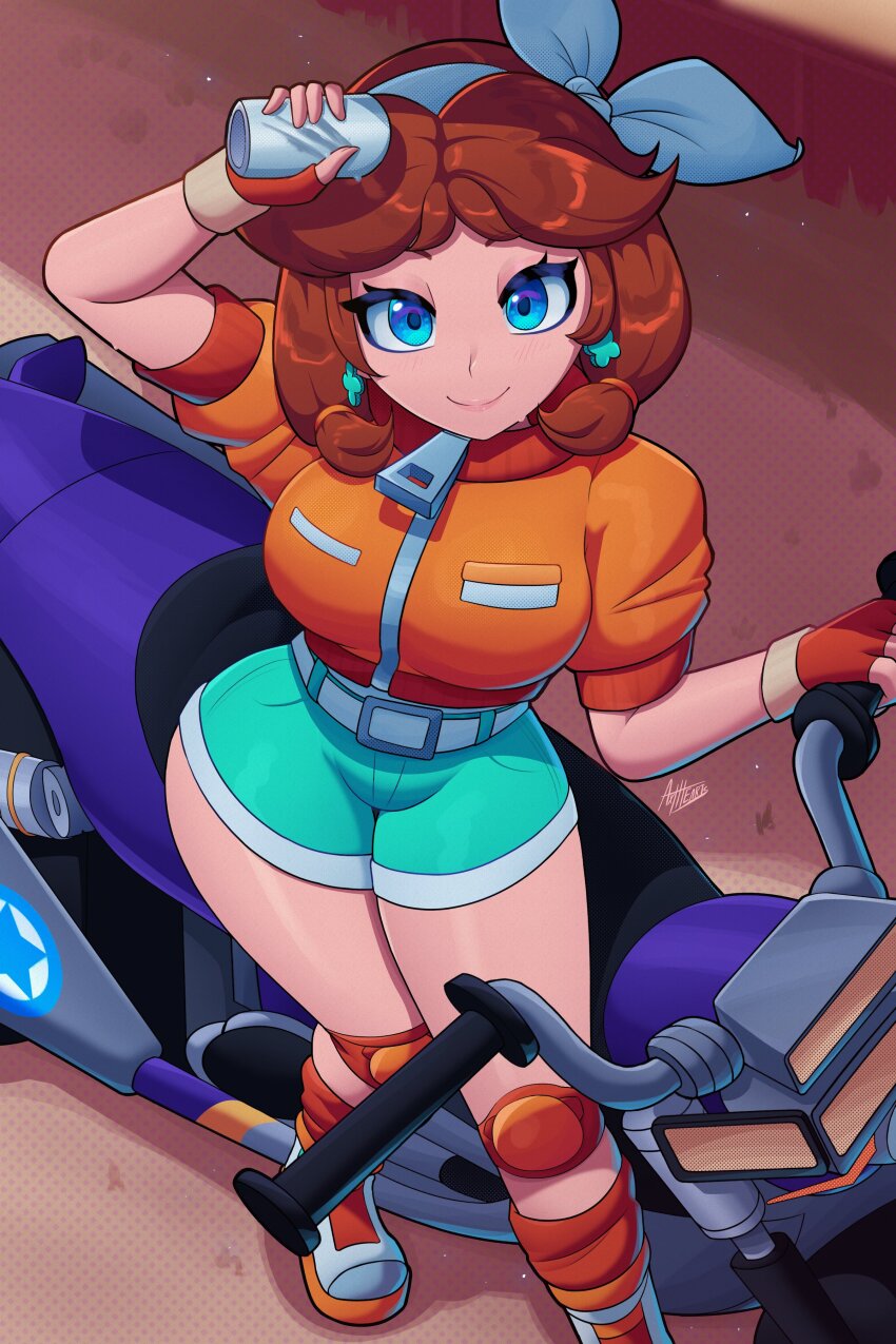 1girl absurdres aqua_hairband aqua_shorts axlhearts belt blue_eyes blush boots breasts brown_hair commentary earrings english_commentary fingerless_gloves gloves hair_ribbon hairband highres holding jacket jewelry knee_pads large_breasts looking_at_viewer mario_(series) mario_kart mario_kart_world medium_hair motor_vehicle motorcycle nintendo official_alternate_costume orange_gloves orange_jacket orange_socks parted_bangs princess_daisy princess_daisy_(touring) puffy_short_sleeves puffy_sleeves ribbon short_shorts short_sleeves shorts signature simple_background smile socks speech_bubble standing white_belt white_boots white_ribbon zipper zipper_pull_tab