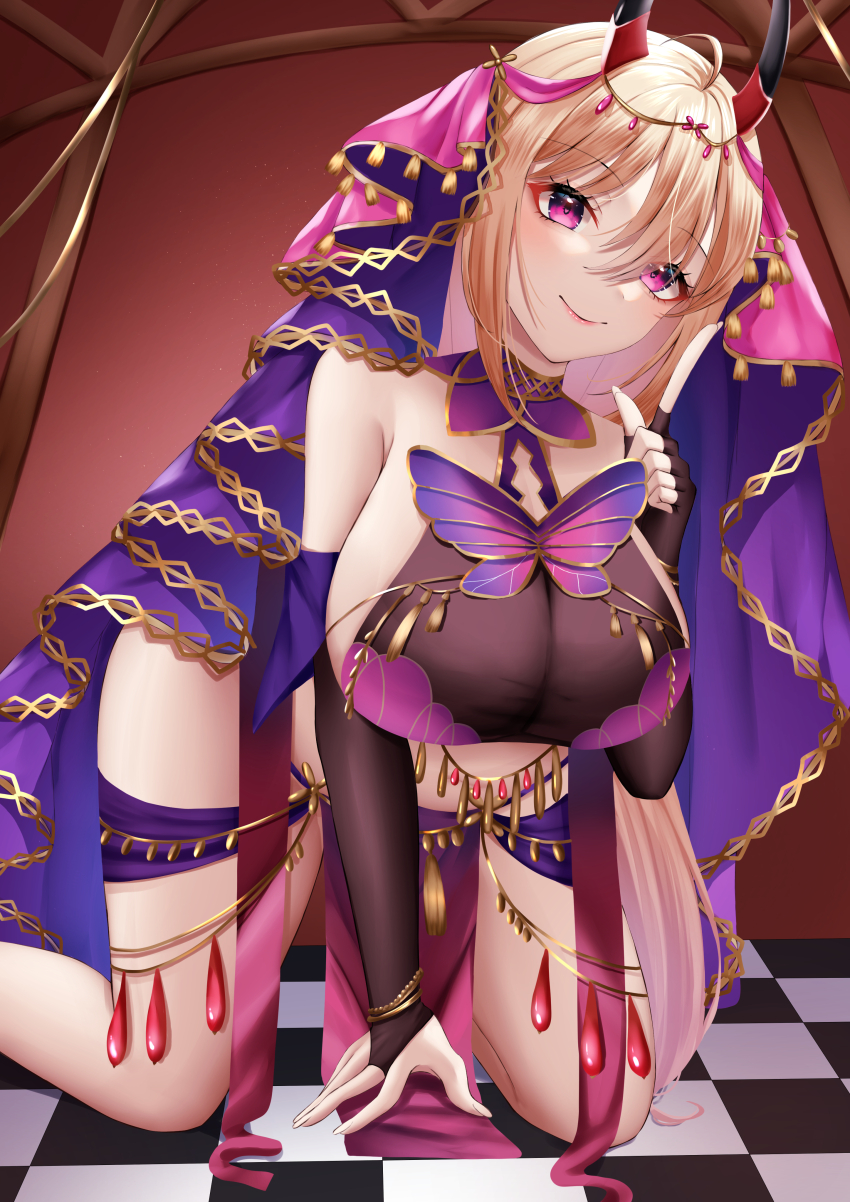 1girl absurdres all_fours arabian_clothes azur_lane bare_shoulders black_gloves blonde_hair breasts bridal_gauntlets bug butterfly chain checkered_floor closed_mouth crop_top dancer detached_collar elbow_gloves gloves gold_chain gold_trim hair_between_eyes hanging_breasts harem_outfit highres horns indoors insect jewelry kneeling konparu_uran kumano_(azur_lane) kumano_(one_thousand_and_one_nights'_wishes)_(azur_lane) large_breasts long_hair looking_at_viewer midriff official_alternate_costume on_floor open_hat pelvic_curtain pink_eyes purple_butterfly purple_eyes red_horns revealing_clothes sideboob smile solo thighs tile_floor tiles veil very_long_hair