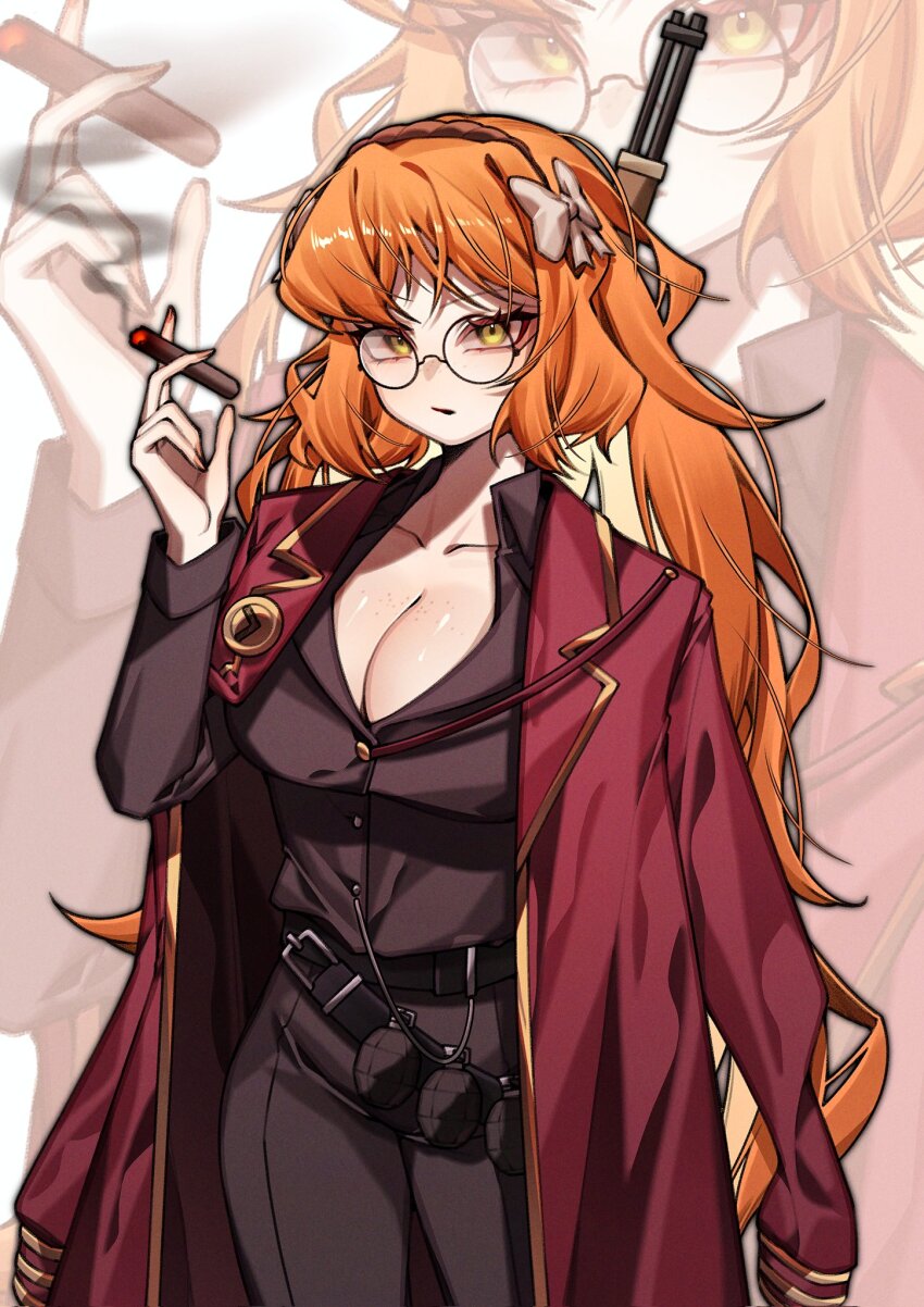 1girl belt black_belt black_pants bow breasts cigar cleavage coat coat_on_shoulders commentary_request cowboy_shot explosive glasses gold_trim green_eyes grenade hair_bow highres holding holding_cigar ishmael_(project_moon) korean_commentary lapels large_breasts limbus_company long_hair notched_lapels orange_hair pants parted_lips project_moon red_coat round_eyewear solo suillus thumb_(identity)_(project_moon) very_long_hair white_bow zoom_layer