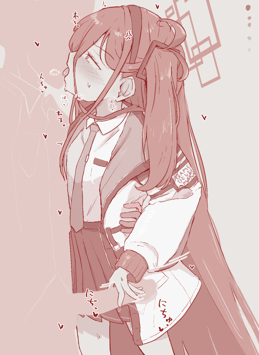 1boy 1girl blue_archive blush commentary_request french_kiss halo handjob hetero highres jacket kei_(blue_archive) kiss loli long_hair long_sleeves miniskirt monochrome necktie niss_oekaki nose_blush one_side_up open_clothes open_jacket penis pink_theme pleated_skirt puffy_long_sleeves puffy_sleeves rectangular_halo revision skirt very_long_hair