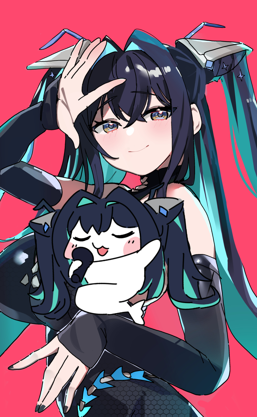 1girl :3 aqua_hair black_bodysuit black_nails black_sleeves bodysuit colored_inner_hair commentary_request creature detached_sleeves doro_(nikke) goddess_of_victory:_nikke hair_intakes hexagon_print highres holding holding_creature holding_microphone honeycomb_(pattern) honeycomb_print little_mermaid_(nikke) massivedoontwei meme microphone multicolored_hair music nail_polish red_background simple_background singing smile solo upper_body yellow_eyes