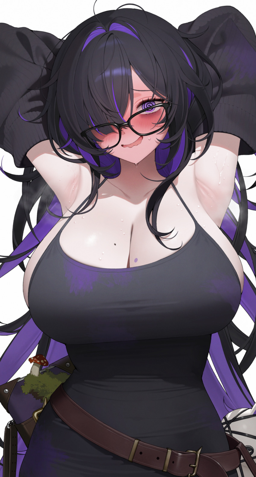 1girl :d @_@ ahoge arms_up belt black_dress black_hair black_sweater blush breasts brown_belt cleavage commentary_request dress glasses goddess_of_victory:_nikke highres huge_breasts label_(nikke) long_hair messy_hair mole mole_on_breast multicolored_hair mushroom okawa_(okawa_r1) open_mouth purple_eyes purple_hair simple_background smile solo sweat sweater two-tone_hair very_long_hair white_background