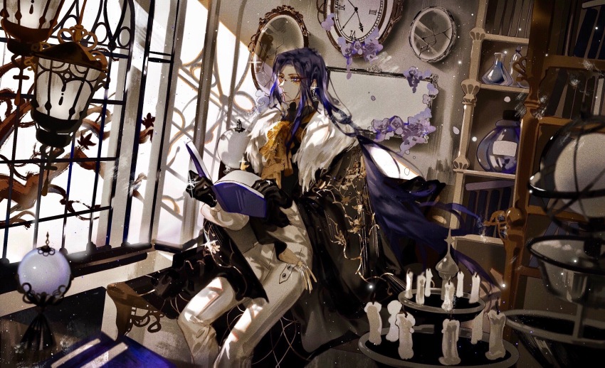 1boy analog_clock armillary_sphere ascot black_cape black_gloves black_shirt blue_eyes blue_hair book bookshelf candle cape chinese_commentary clarence_clayden clarence_clayden_(godheim) clock closed_mouth commentary_request curtained_hair day earrings erlenmeyer_flask feet_out_of_frame flask flower frilled_shirt_collar frills fur-trimmed_cape fur_trim glint gloves highres holding holding_book jewelry lamp light_particles lishi817 long_hair long_sleeves looking_outside lovebrush_chronicles male_focus mole mole_under_eye monocle muntins official_alternate_costume open_book pants parted_bangs purple_flower ring shirt sitting solo tree vase white_pants window yellow_ascot