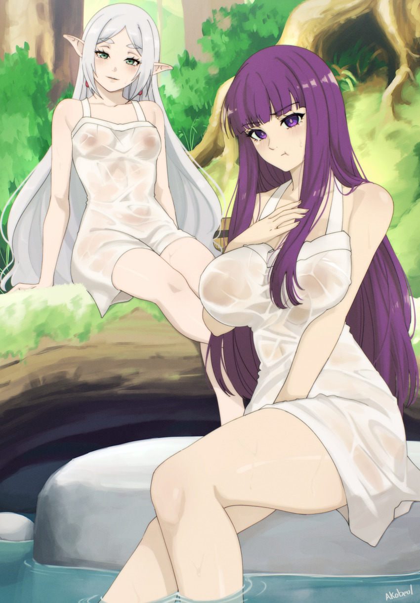 2girls :t absurdres akobeul artist_name blunt_bangs breasts commentary dress earrings elf english_commentary fern_(sousou_no_frieren) frieren grass green_eyes hair_down highres jewelry large_breasts long_hair looking_at_viewer multiple_girls outdoors parted_bangs pointy_ears pout purple_eyes purple_hair see-through_clothes see-through_dress sitting soaking_feet sousou_no_frieren thighs very_long_hair water watermark wet wet_clothes wet_dress white_dress white_hair