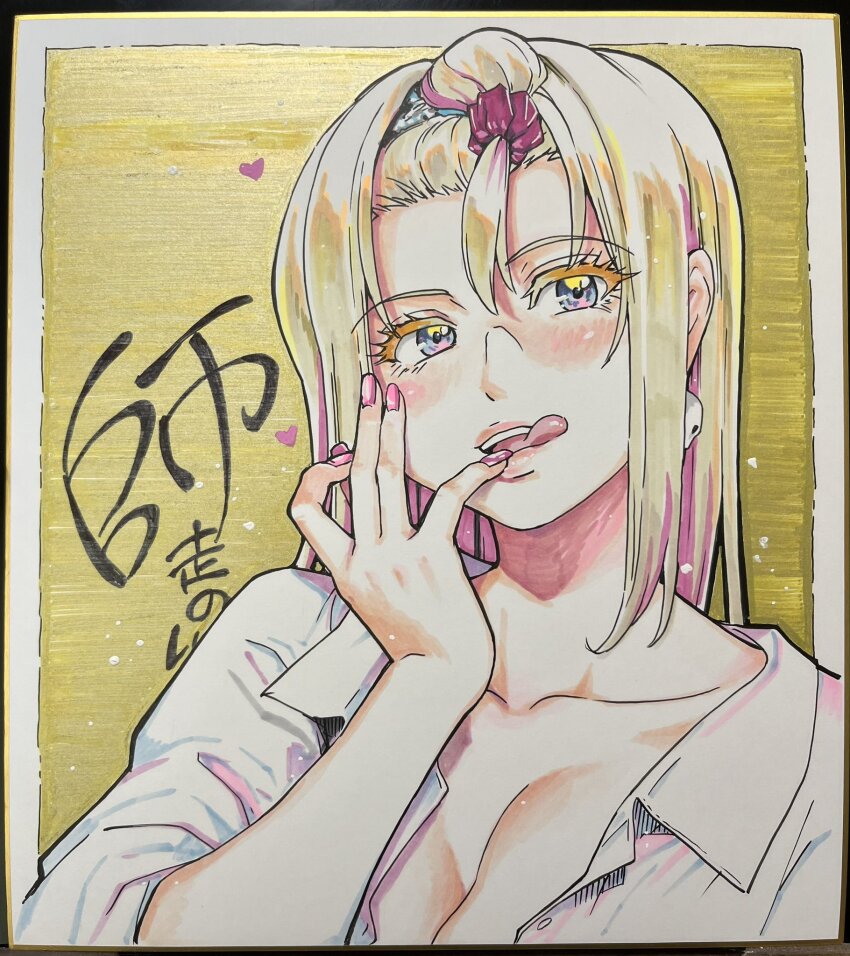 blonde_hair blue_bra blue_eyes blush bra breasts cleavage commentary_request earrings heart highres jewelry kizaki_caldina large_breasts long_hair looking_to_the_side open_clothes open_shirt peace_hame scrunchie shikishi shiwasu_no_okina signed skull_earrings tagme tongue tongue_out traditional_media underwear