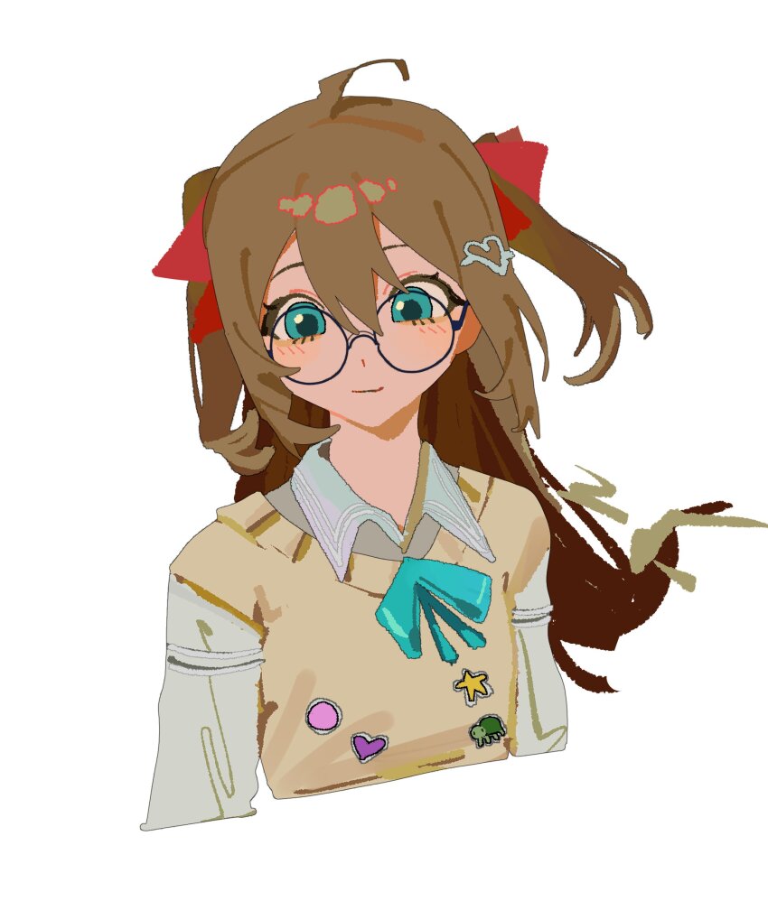 1girl absurdres adapted_costume ahoge aqua_ribbon bespectacled black-framed_eyewear blue_eyes brown_hair closed_mouth collared_shirt cropped_torso floating_hair glasses hair_between_eyes hair_ornament hair_ribbon hashtag-only_commentary heart heart_hair_ornament highres long_hair long_sleeves looking_at_viewer neck_ribbon neuro-sama red_ribbon ribbon round_eyewear selvha shirt simple_background smile solo sweater_vest two_side_up vedal_ai virtual_youtuber white_background white_shirt yellow_sweater_vest