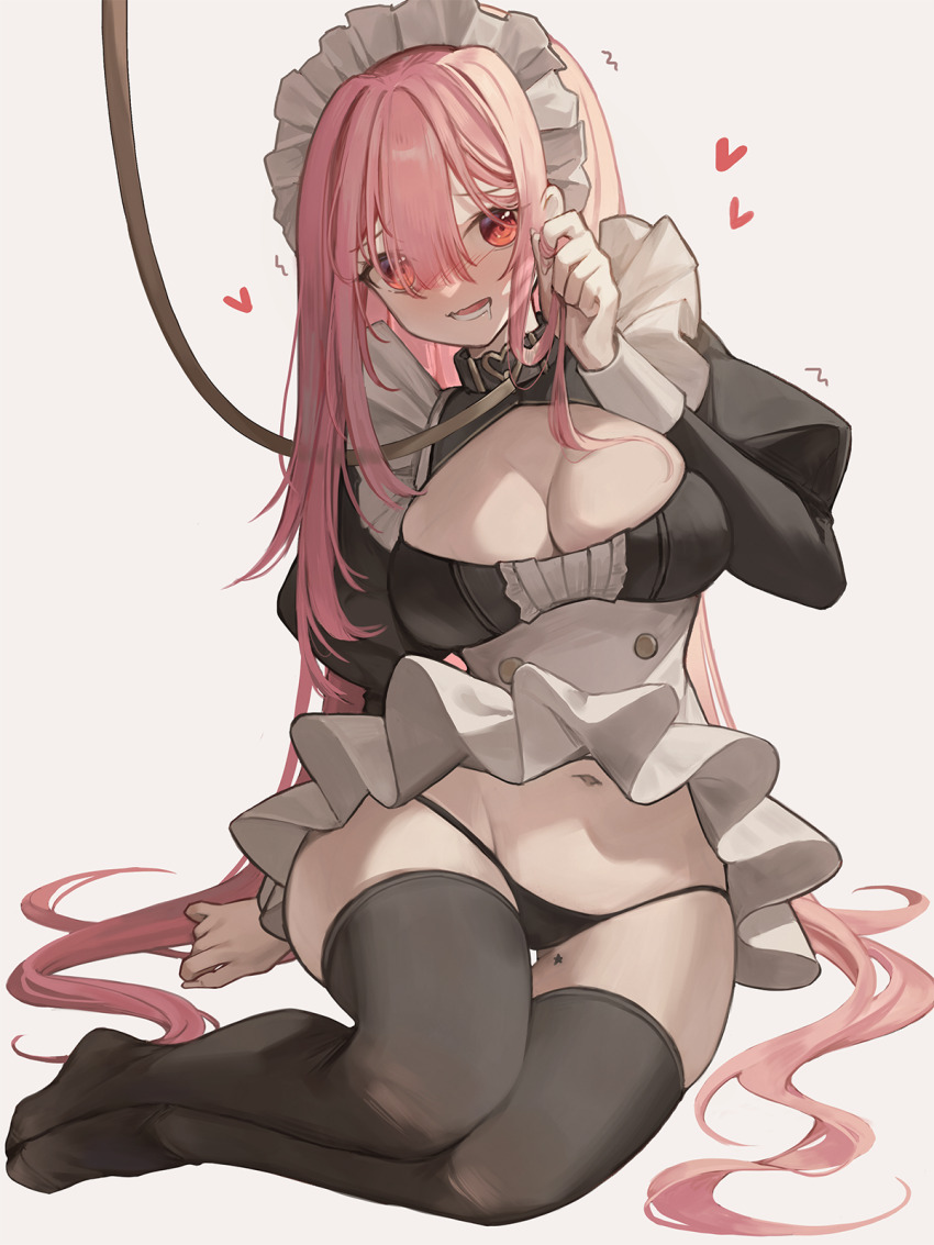 1girl bad_id bad_pixiv_id black_panties black_shirt black_thighhighs blush breasts cleavage clothes_lift drooling hand_in_own_hair hand_up heart heart_collar highres juliet_sleeves laevan leash leg_tattoo long_hair long_sleeves looking_at_viewer maid maid_headdress medium_breasts navel open_mouth original panties pink_hair puffy_sleeves red_eyes shirt simple_background sitting skirt skirt_lift solo star_(symbol) star_tattoo tattoo thighhighs underwear very_long_hair white_background white_skirt yokozuwari